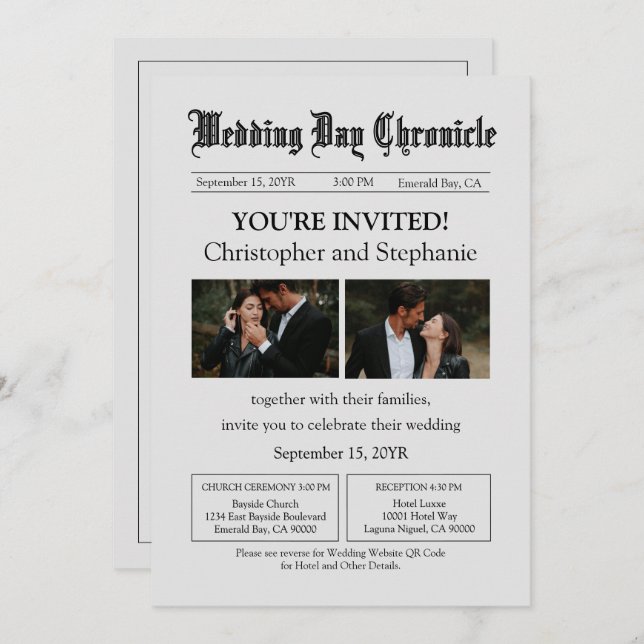 Convite Jornal Mínimo Editável Código QR de Duas Fotografi (Frente/Verso)