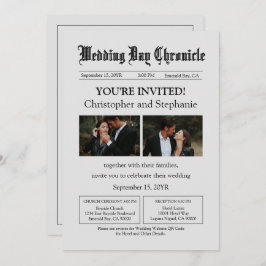 Convite Jornal Mínimo Editável Código QR de Duas Fotografi