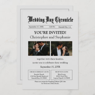 Convite Jornal Mínimo Editável Código QR de Duas Fotografi