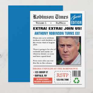 Convite Jornal teme qualquer idade Foto de aniversário Co