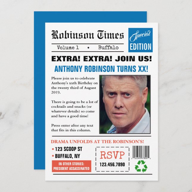 Convite Jornal temia qualquer idade Foto de aniversário Co (Frente/Verso)