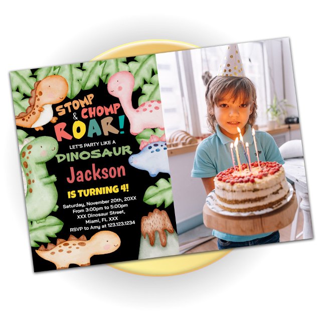 Convite Jovem Azul Amarelo, dinossauro Negro, com foto (Criador carregado)