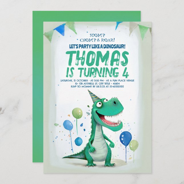 Convite Jovem Dinossauro Azul e Verde Aniversário (Frente/Verso)