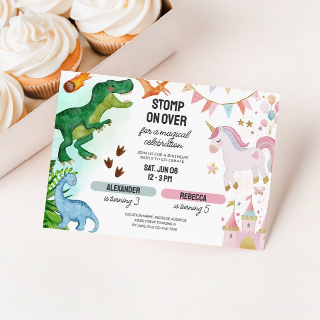 Convite Jovem Dinossauro Comum e Garota Unicorn Aniversári (Joint Dinosaur Unicorn Kids Birthday Invitation)