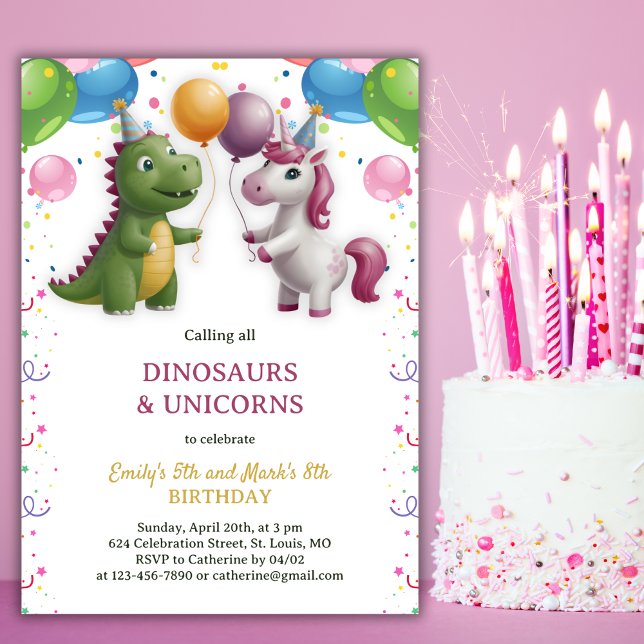 Convite Jovem Dinossauro do Unicórnio Junto Irmão (Dinosaur Unicorn Boy Girl Joint Sibling Birthday Invitation)