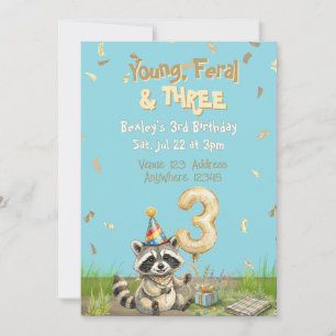 Convite Jovem Feral & Três, Dourado, Aniversário de 3 anos