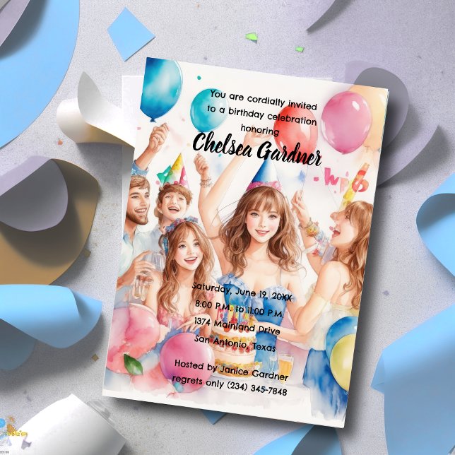 Convite Jovem Pessoas de Aquarela Celebrando Aniversário (Criador carregado)