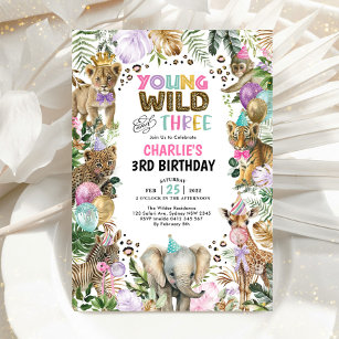 Convite Jovem Selvagem e Animais de Três Festas Garota Ani