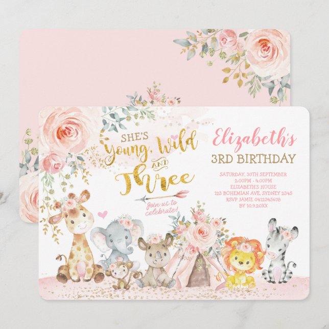 Convite Jovem Selvagem e aniversário de 3 anos Tribal Jung (Frente/Verso)