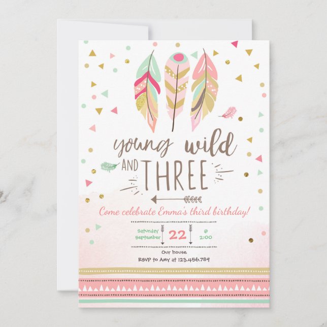 Convite Jovem selvagem e três convidam Rapariga Rosa Doura (Frente)