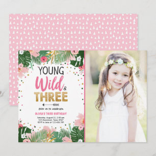 Convite Jovem Selvagem e Três Garota Safari Tropical Anive