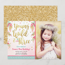 Convite Jovem Selvagem e Três Penas Rosa Dourado Aniversár