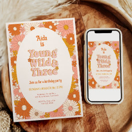Convite Jovem Selvagem e Três Retro Daisy aniversário de 3