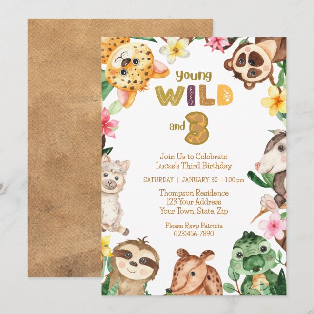 Convite Jovem selvagem e três Safari Animal aniversário de (Frente/Verso)