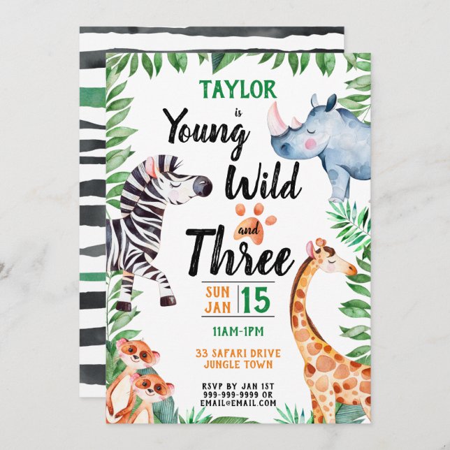 Convite Jovem selvagem e três Safari Animal aniversário de (Frente/Verso)