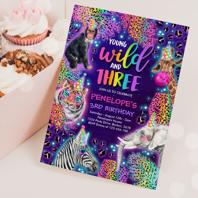 Convite Jovem Selvagem E Três Safari Neon Cheetah Aniversá (Criador carregado)