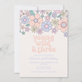 Convite Jovem Selvagem Três Floral Retro Aniversário de 3