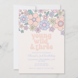 Convite Jovem Selvagem Três Floral Retro Aniversário de 3 