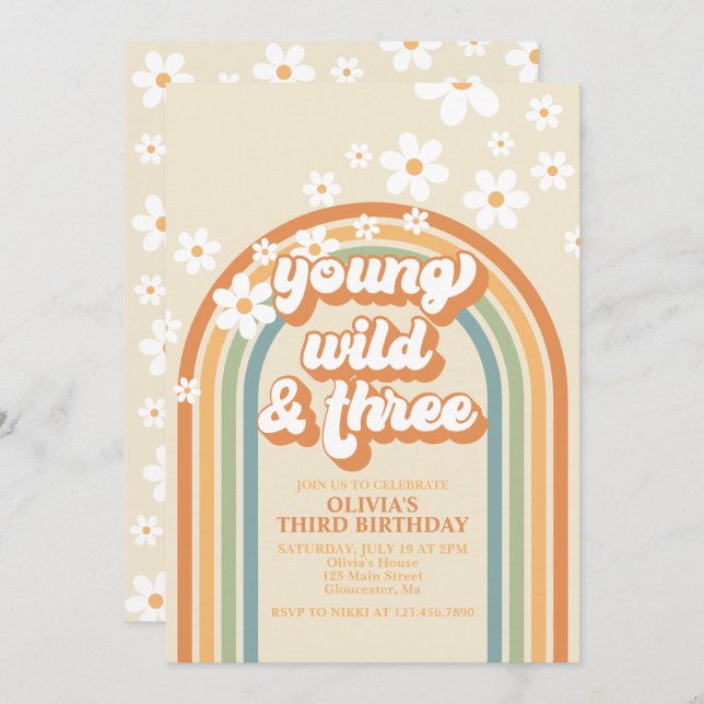 Convite Jovem Selvagem Três Retro Rainbow Daisy Birthday (Frente/Verso)