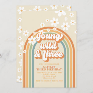 Convite Jovem Selvagem Três Retro Rainbow Daisy Birthday