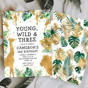 Convite Jovem Selvagem Três Safari Dourado Verde 3º Aniver
