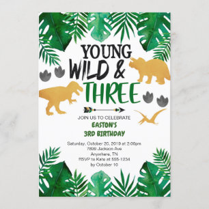 Convite Jovem Wild & Três aniversário de 3 anos Dinossau
