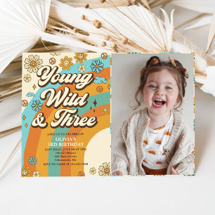 Convite Jovem Wild Três Retro Foto aniversário de 3 anos d