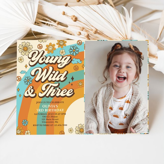 Convite Jovem Wild Três Retro Foto aniversário de 3 anos d (Criador carregado)