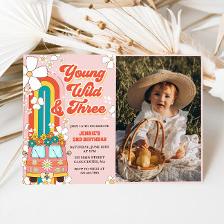 Convite Jovem Wild Três Retro Foto aniversário de 3 anos d