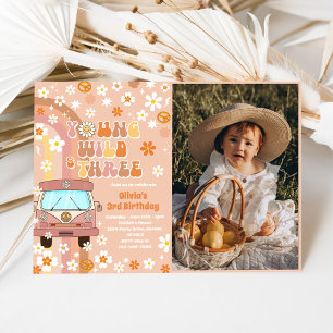 Convite Jovem Wild Três Retro Foto aniversário de 3 anos d