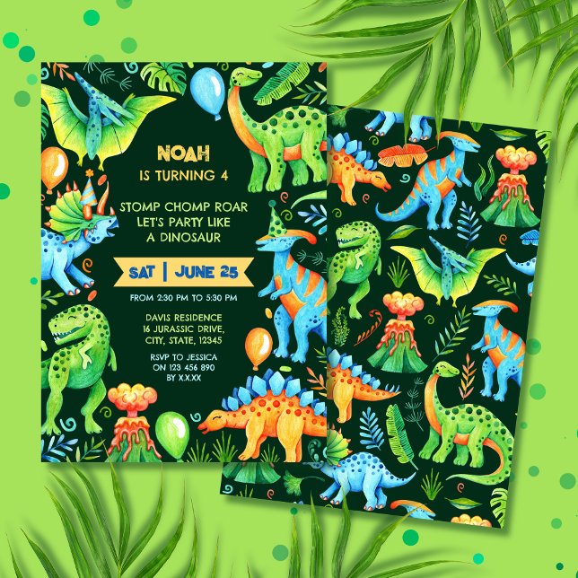 Convite Jovô Dinossauro Caramba e Roar Boy (Prehistoric Watercolor Dinosaur Boys Birthday Invitation)