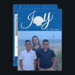 Convite Joy To The World Photo Collage Christmas Card (Joy<br><div class="desc">Um cartão com fotos de férias de praia que mostra uma foto grande na frente com a palavra Joy.  Há uma concha no lugar do O para dar um tema náutico.  Personalize com um nome no verso,  3 fotos e uma mensagem de feriado.</div>