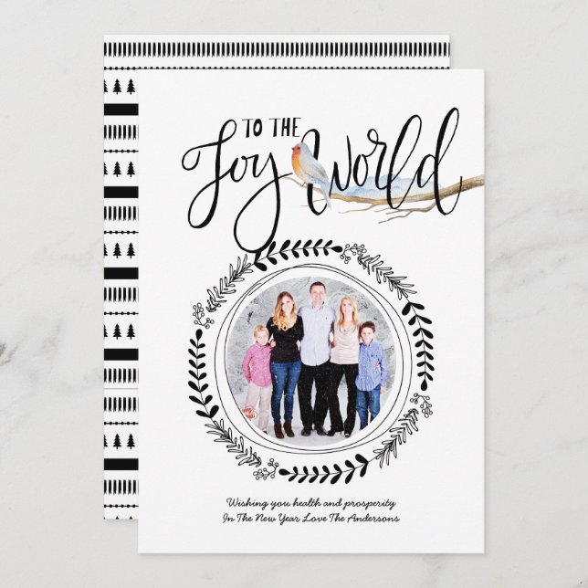 Convite JOY To THE WORLD PHOTO Modern Festivo Robin Xmas (Frente/Verso)