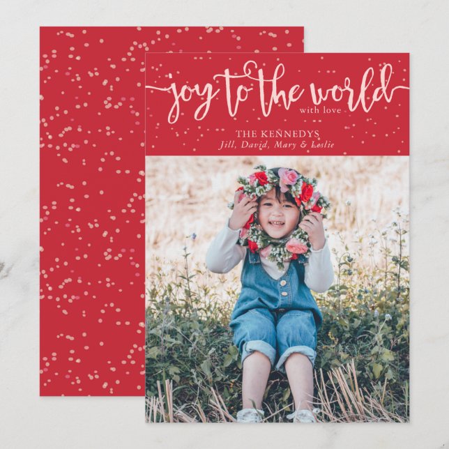 Convite Joy to the World Red Photo Christmas Card (Frente/Verso)