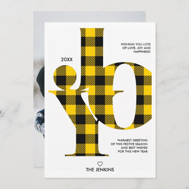 Convite Joy Typografia Yellow Buffalo Photo Holiday (Frente/Verso)