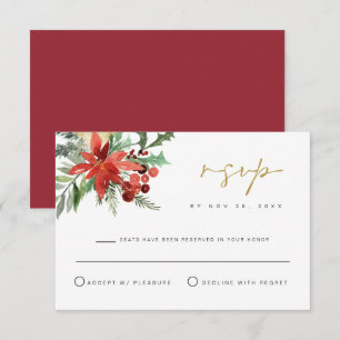 Convite JOY Winter Christmas Red Floral Weding RSVP Card