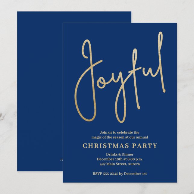 Convite JOYFUL Dourado Falso em Azul Festa de Natal (Frente/Verso)