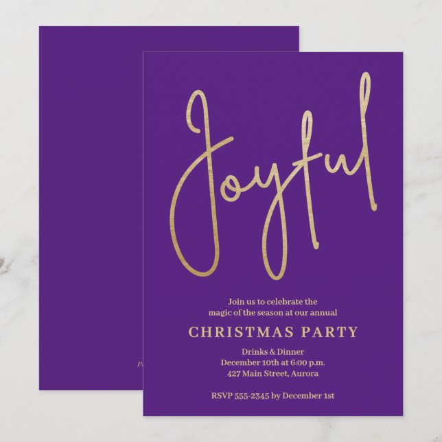 Convite JOYFUL Festa de Natal em Roxo com Folha de Ouro Fa (Frente/Verso)