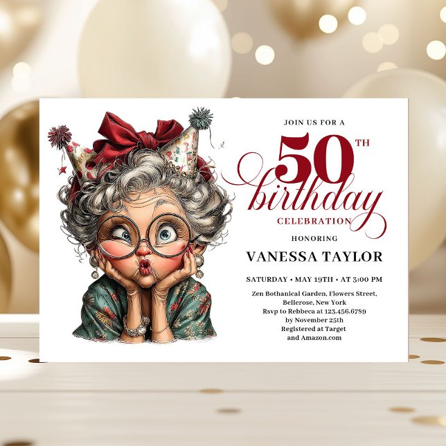 Convite Joyful Funny Lady 50th Birthday Cartoon Humor  (Joyful Funny Lady 50th Birthday Cartoon Humor Invitation)
