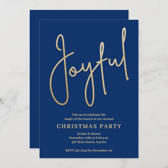 Convite JOYFUL Gold Faux Foil on Blue Christmas Party (Frente/Verso)