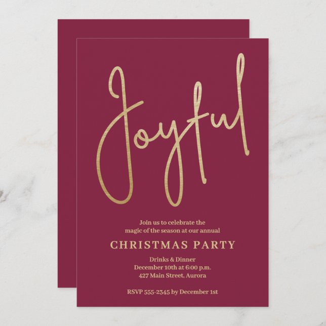 Convite JOYFUL Gold Faux Foil on Cranberry Christmas Party (Frente/Verso)
