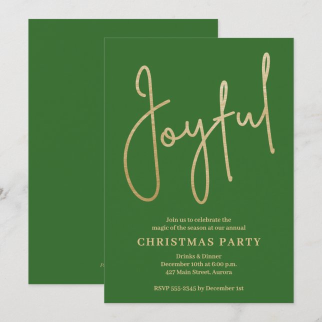 Convite JOYFUL Gold Faux Foil on Green Christmas Party (Frente/Verso)