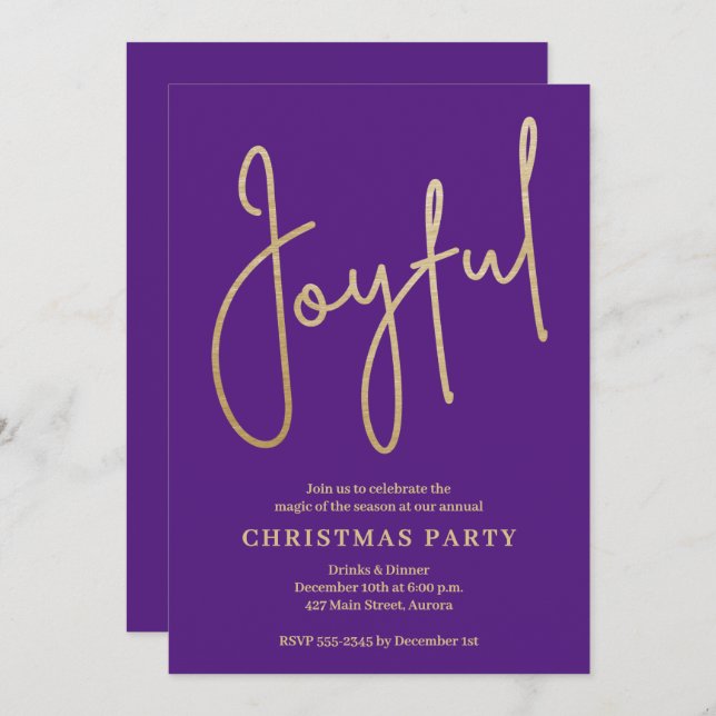 Convite JOYFUL Gold Faux Foil on Purple Christmas Party (Frente/Verso)