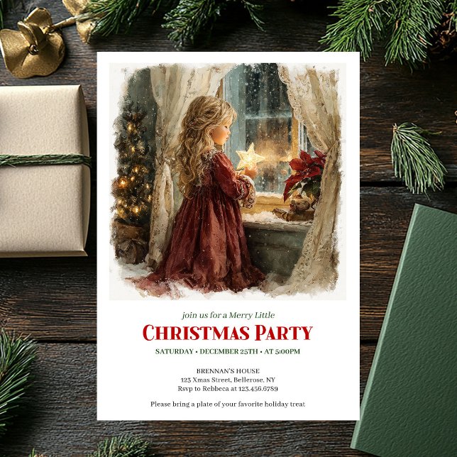 Convite Joyful Victorian Little Girl Awaiting Santa Print  (Joyful Victorian Little Girl Awaiting Santa Printable Invite)