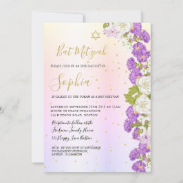Convite Judeu Bat Mitzvah Purple Floral Dourado Hebraico