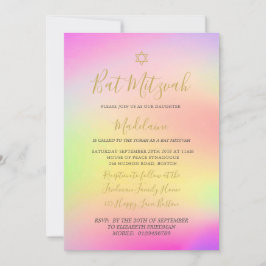 Convite Judeu Bat Mitzvah Rainbow Raparigas Douradas Hebra