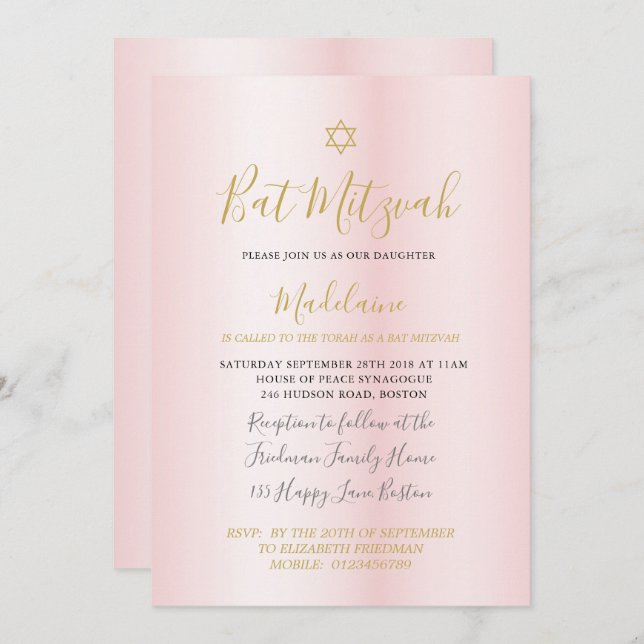 Convite Judeu Bat Mitzvah Rosa Meninas Douradas Hebraicas (Frente/Verso)