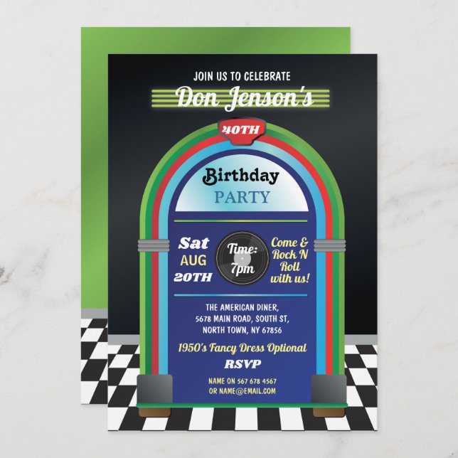 Convite Jukebox Birthday Music 40th Diner Anos 50 Retro (Frente/Verso)