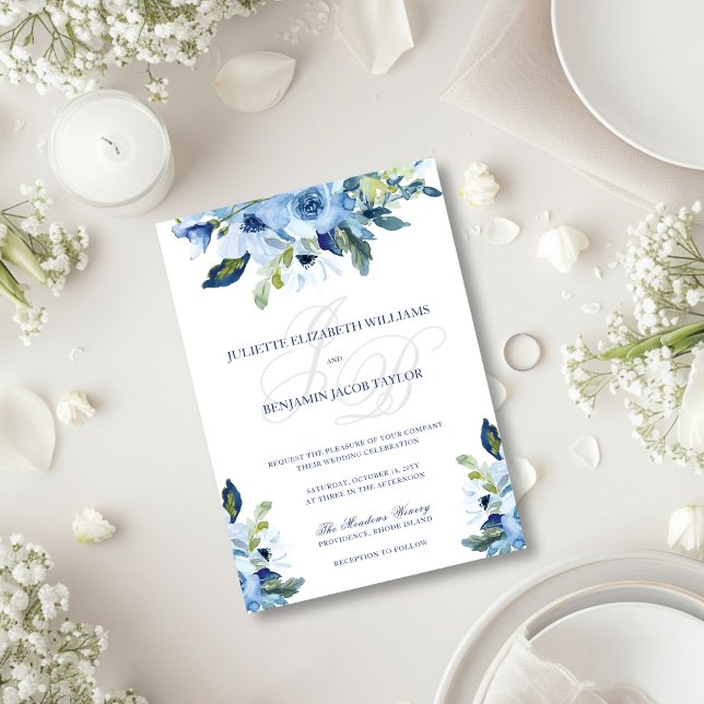 Convite Juliette Elegant Dusty Blue Floral Casamento (Vintage floral blue wedding invitation with calligraphy script)