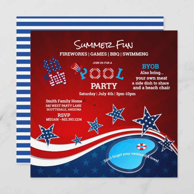 Convite July 4th Pool Party BBQ Fireworks Invitation (Frente/Verso)
